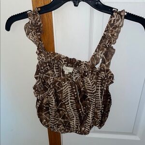 Elan Ruffled Smocked Brown and White Tank Crop Top